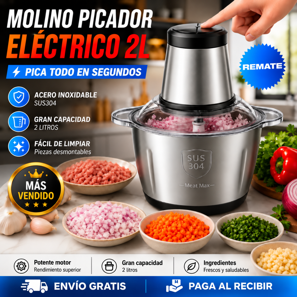 Molino Picador Eléctrico 2L – ¡Pica y Tritura en Segundos!
